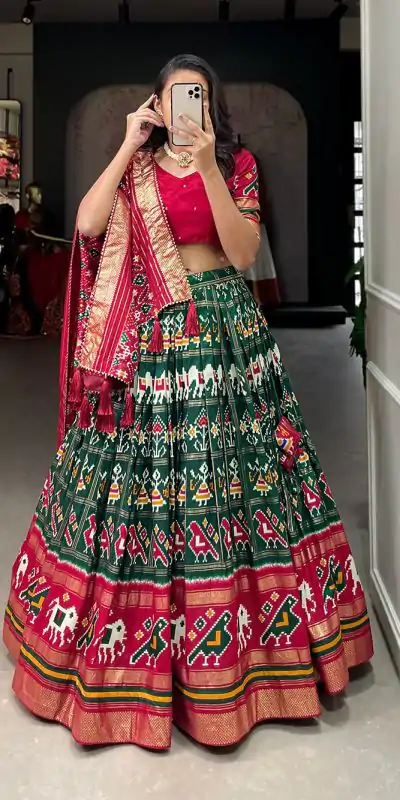 LNB1685 Green Color Tussar Silk Patola Foil Printed Lehenga Choli Festive, Wedding, Party, Events Expected Etc. Delivery 4-6 Working Days @2199/- | Bollywood Lehenga, Creative Lehenga, Designer Lehenga, Embroidered Lehenga, Lehenga, Party Wear Lehenga