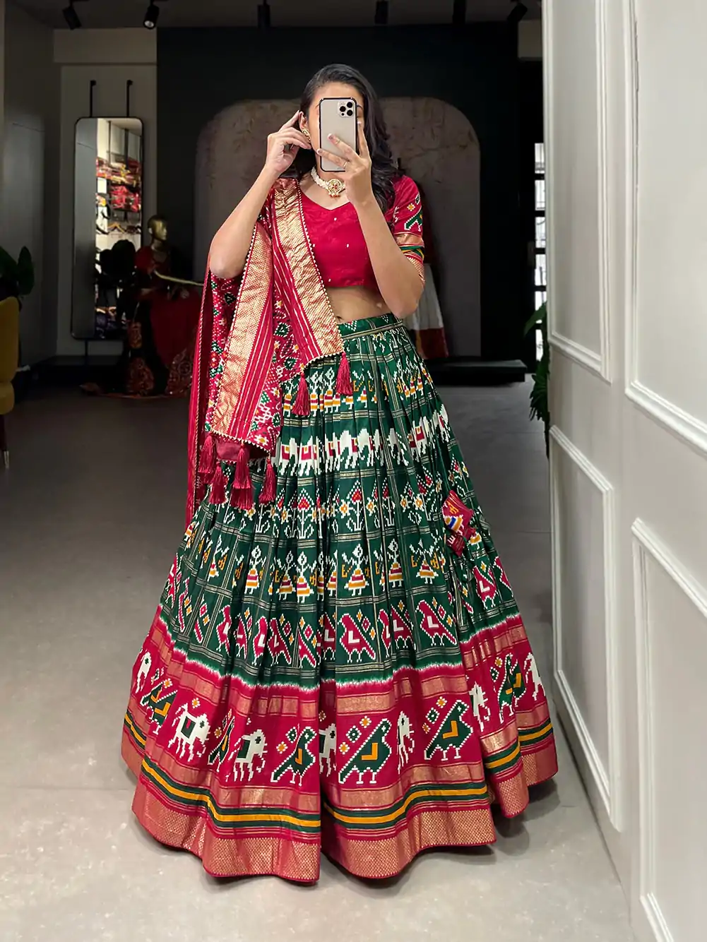 LNB1685 Green Color Tussar Silk Patola Foil Printed Lehenga Choli Festive, Wedding, Party, Events Expected Etc. Delivery 4-6 Working Days @2199/- | Bollywood Lehenga, Creative Lehenga, Designer Lehenga, Embroidered Lehenga, Lehenga, Party Wear Lehenga