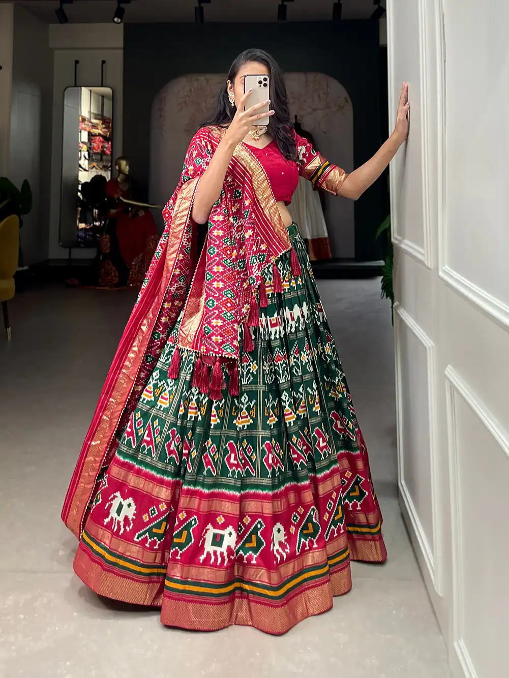 LNB1685 Green Color Tussar Silk Patola Foil Printed Lehenga Choli Festive, Wedding, Party, Events Expected Etc. Delivery 4-6 Working Days @2199/- | Bollywood Lehenga, Creative Lehenga, Designer Lehenga, Embroidered Lehenga, Lehenga, Party Wear Lehenga