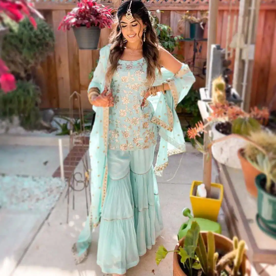 SSR 238 Sky Blue Top : Faux Georgette Work : Embroidery Sequence Work Wedding, Festive, Events Sky Blue Color Sharara @1899/- | Casual Suits, Creative suits, Designer Suits, Palazzo Suits, Party Wear Suits, Salwar suit, Straight Suits