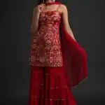 NSR 1301 Red Top : Georgette Work : Heavy Embroidery With Real Mirror Work Sharara : Georgette Wedding, Party, Festive, Events @1849/- | Casual Suits, Creative suits, Designer Suits, Palazzo Suits, Party Wear Suits, Salwar suit, Straight Suits