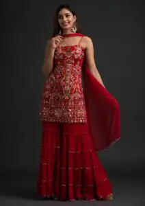 NSR 1301 Red Top : Georgette Work : Heavy Embroidery With Real Mirror Work Sharara : Georgette Wedding, Party, Festive, Events @1849/- | Casual Suits, Creative suits, Designer Suits, Palazzo Suits, Party Wear Suits, Salwar suit, Straight Suits