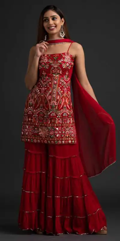 NSR 1301 Red Top : Georgette Work : Heavy Embroidery With Real Mirror Work Sharara : Georgette Wedding, Party, Festive, Events @1849/- | Casual Suits, Creative suits, Designer Suits, Palazzo Suits, Party Wear Suits, Salwar suit, Straight Suits