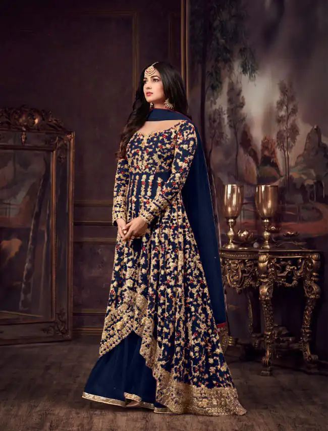 Maisha 5608 Blue Top : Heavy Net Work : Heavy Embroidery Coding With Diamond Work Bottom : Santoon Wedding, Party, Festive @3299/- | Anarkali Suits, Bollywood Anarkali, Creative-Anarkali, Designer Anarkali, Embroidered Anarkali, Party Wear Anarkali