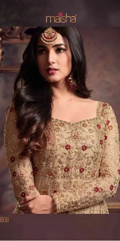 Maisha 5608 Cream Top : Heavy Net Work : Heavy Embroidery Coding With Diamond Work Bottom : Santoon Wedding, Party, Festive @3299/- | Anarkali Suits, Bollywood Anarkali, Creative-Anarkali, Designer Anarkali, Embroidered Anarkali, Party Wear Anarkali