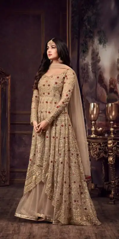 Maisha 5608 Cream Top : Heavy Net Work : Heavy Embroidery Coding With Diamond Work Bottom : Santoon Wedding, Party, Festive @3299/- | Anarkali Suits, Bollywood Anarkali, Creative-Anarkali, Designer Anarkali, Embroidered Anarkali, Party Wear Anarkali