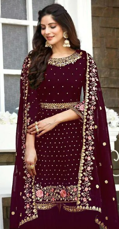 Ds 003821 Maroon color Georgette Embroidery Stone work Sharara suit Wedding, Party, Festive, Events Etc. Expected Delivery 4-6 Working Days @2299/- | Casual Suits, Creative suits, Designer Suits, Palazzo Suits, Party Wear Suits, Salwar suit, Straight Suits