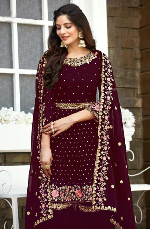 Ds 003821 Maroon color Georgette Embroidery Stone work Sharara suit Wedding, Party, Festive, Events Etc. Expected Delivery 4-6 Working Days @2299/- | Casual Suits, Creative suits, Designer Suits, Palazzo Suits, Party Wear Suits, Salwar suit, Straight Suits