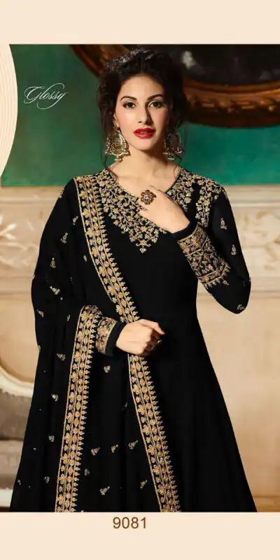 GLOSSY 9081 BLACK Color: BLACKFabrics: Top :- Heavy Georgette Embroidery work & Stone Work Dupatta:- Georgette with Embroidery Work +Stone with Lace | Anarkali Suits, Bollywood Anarkali, Creative-Anarkali, Designer Anarkali, Embroidered Anarkali, Party Wear Anarkali
