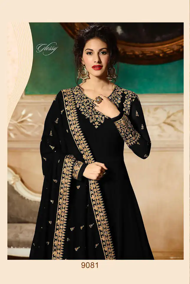 GLOSSY 9081 BLACK Color: BLACKFabrics: Top :- Heavy Georgette Embroidery work & Stone Work Dupatta:- Georgette with Embroidery Work +Stone with Lace | Anarkali Suits, Bollywood Anarkali, Creative-Anarkali, Designer Anarkali, Embroidered Anarkali, Party Wear Anarkali