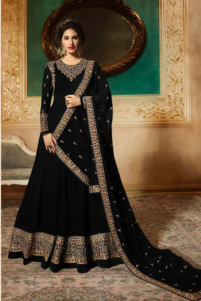 GLOSSY 9081 BLACK Color: BLACKFabrics: Top :- Heavy Georgette Embroidery work & Stone Work Dupatta:- Georgette with Embroidery Work +Stone with Lace | Anarkali Suits, Bollywood Anarkali, Creative-Anarkali, Designer Anarkali, Embroidered Anarkali, Party Wear Anarkali