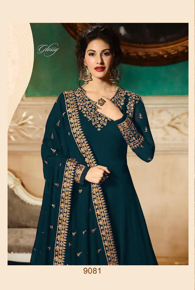 GLOSSY 9081 Prussian blueColor: Prussian blueFabrics: Top :- Heavy Georgette Embroidery Dupatta:- Georgette with Embroidery Work +Stone with Lace | Anarkali Suits, Bollywood Anarkali, Creative-Anarkali, Designer Anarkali, Embroidered Anarkali, Party Wear Anarkali