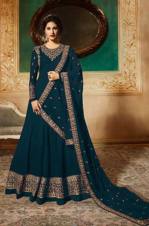 GLOSSY 9081 Prussian blueColor: Prussian blueFabrics: Top :- Heavy Georgette Embroidery Dupatta:- Georgette with Embroidery Work +Stone with Lace | Anarkali Suits, Bollywood Anarkali, Creative-Anarkali, Designer Anarkali, Embroidered Anarkali, Party Wear Anarkali