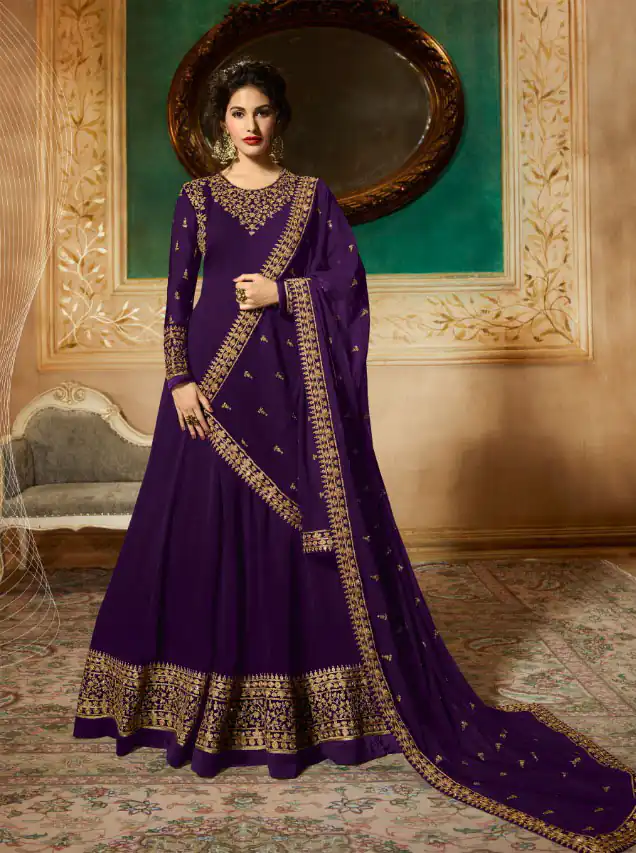 GLOSSY 9081 VoiletColor: VoiletFabrics: Top :- Heavy Georgette Embroidery work Dupatta:- Georgette with Embroidery Work +Stone with Lace | Anarkali Suits, Bollywood Anarkali, Creative-Anarkali, Designer Anarkali, Embroidered Anarkali, Party Wear Anarkali