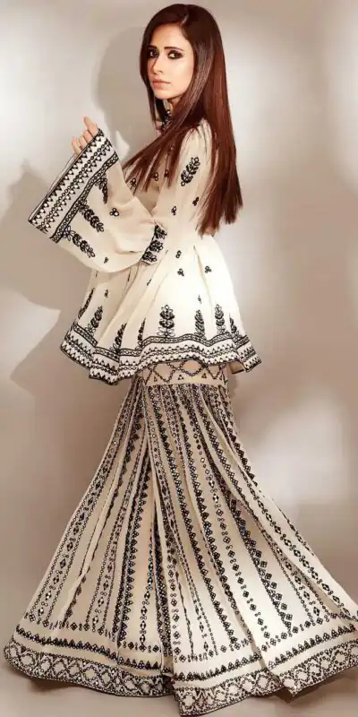 NSR 1139 White & Black Top : Heavy Georgette Top Work : Embroidery Work With Embroidered Bell Sleeve Party, Daily, Wedding, Events @ | Casual Suits, Creative suits, Designer Suits, Palazzo Suits, Party Wear Suits, Salwar suit, Straight Suits