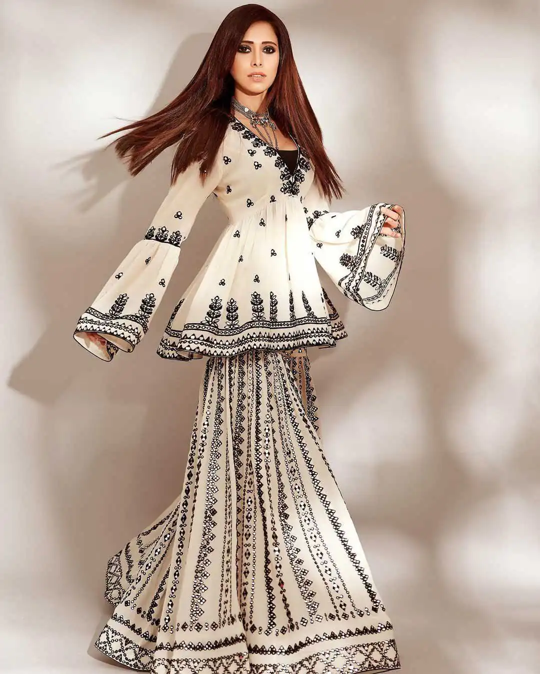 NSR 1139 White & Black Top : Heavy Georgette Top Work : Embroidery Work With Embroidered Bell Sleeve Party, Daily, Wedding, Events @ | Casual Suits, Creative suits, Designer Suits, Palazzo Suits, Party Wear Suits, Salwar suit, Straight Suits
