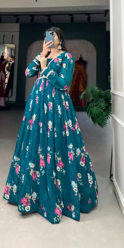 YNF 5029 Pine Green Color Exquisite Floral Georgette Printed Gown Casual, Wedding, Party, Festive, Events Etc. Expected Delivery 4-6 Working Days @1749/- | Bollywood Gowns, Creative Gowns, Designer Gowns, Embroidered Gowns, Gowns, Party Wear Gowns