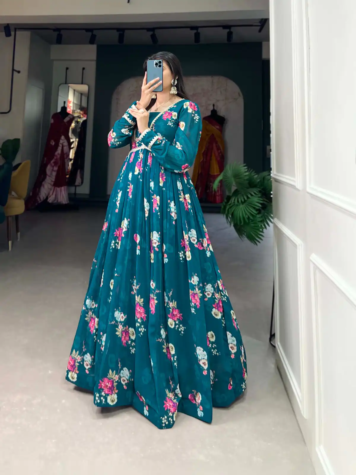  YNF 5029 Pine Green Color Exquisite Floral Georgette Printed Gown Casual, Wedding, Party, Festive, Events Etc. Expected Delivery 4-6 Working Days @1749/- | Bollywood Gowns, Creative Gowns, Designer Gowns, Embroidered Gowns, Gowns, Party Wear Gowns