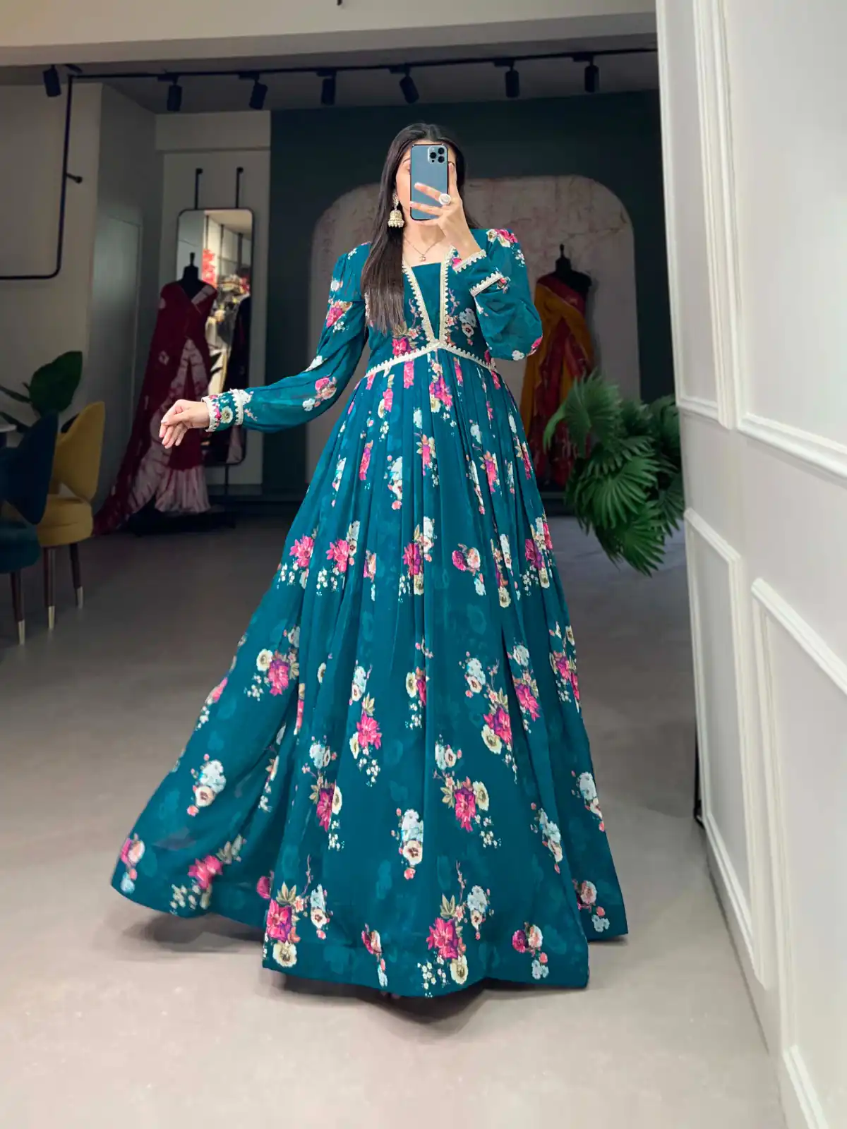  YNF 5029 Pine Green Color Exquisite Floral Georgette Printed Gown Casual, Wedding, Party, Festive, Events Etc. Expected Delivery 4-6 Working Days @1749/- | Bollywood Gowns, Creative Gowns, Designer Gowns, Embroidered Gowns, Gowns, Party Wear Gowns