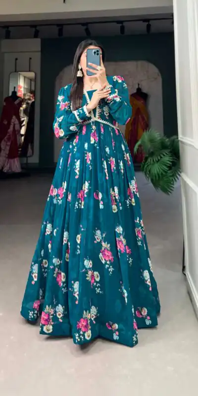 YNF 5029 Pine Green Color Exquisite Floral Georgette Printed Gown Casual, Wedding, Party, Festive, Events Etc. Expected Delivery 4-6 Working Days @1749/- | Bollywood Gowns, Creative Gowns, Designer Gowns, Embroidered Gowns, Gowns, Party Wear Gowns