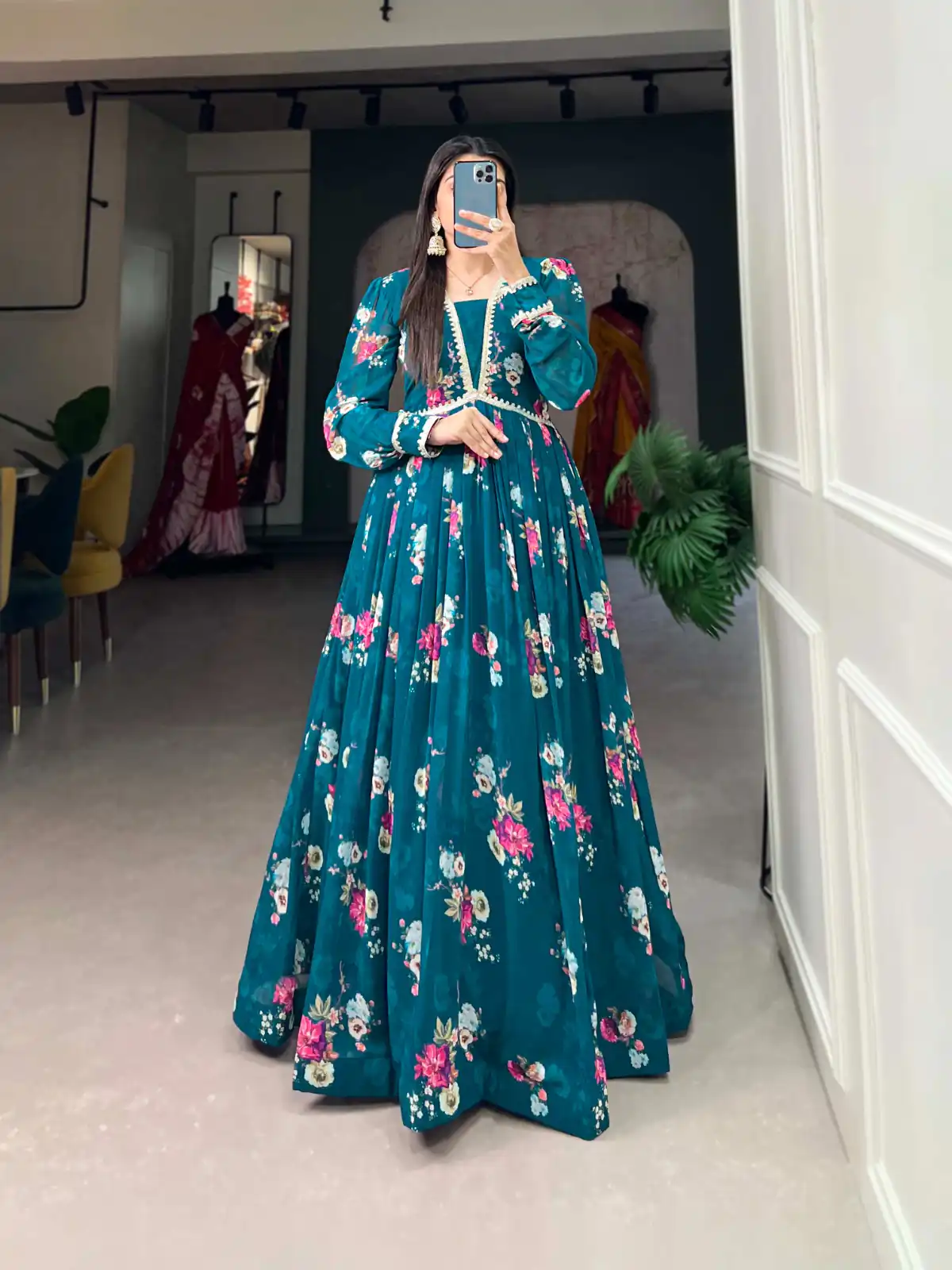  YNF 5029 Pine Green Color Exquisite Floral Georgette Printed Gown Casual, Wedding, Party, Festive, Events Etc. Expected Delivery 4-6 Working Days @1749/- | Bollywood Gowns, Creative Gowns, Designer Gowns, Embroidered Gowns, Gowns, Party Wear Gowns