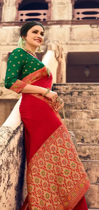 JR  TANVI Red Saree : Premium Sana Silk With Beautiful Jacquard Lace Blouse : Heavy Jacquard Fabrics  Daily, Casual, Festive @1549/- | Bollywood Sarees, Creative Sarees, Designer Sarees, Embroidered Sarees, Ethnic Saree, Modern Digital sarees, Party Wear Sarees, Sarees
