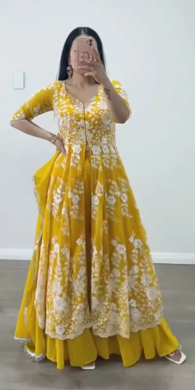 ZSR 3021 Yellow Color Gown : Fox Georgette Work : Embroidery Sequence Work Inner : Micro Cotton Traditional Wear, Wedding, Festive, Events. @2599/- | Bollywood Gowns, Creative Gowns, Designer Gowns, Embroidered Gowns, Gowns, Party Wear Gowns