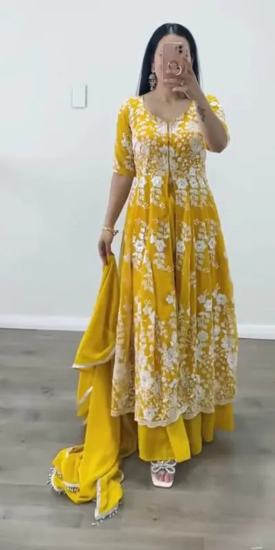 ZSR 3021 Yellow Color Gown : Fox Georgette Work : Embroidery Sequence Work Inner : Micro Cotton Traditional Wear, Wedding, Festive, Events. @2599/- | Bollywood Gowns, Creative Gowns, Designer Gowns, Embroidered Gowns, Gowns, Party Wear Gowns