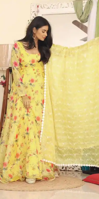 RTC 8047 Yellow Gown : Tabby Silk Organza Work : Embroidery Work Beautiful Yelow Color Casual, Wedding, Party, Festive, Events. @2099 | Bollywood Gowns, Creative Gowns, Designer Gowns, Embroidered Gowns, Gowns, Party Wear Gowns