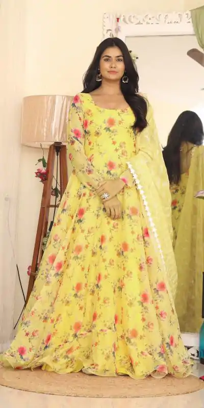 RTC 8047 Yellow Gown : Tabby Silk Organza Work : Embroidery Work Beautiful Yelow Color Casual, Wedding, Party, Festive, Events. @2099 | Bollywood Gowns, Creative Gowns, Designer Gowns, Embroidered Gowns, Gowns, Party Wear Gowns