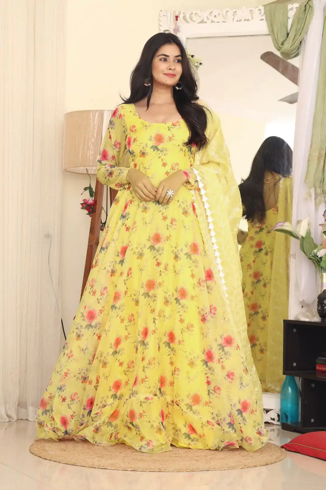 RTC 8047 Yellow Gown : Tabby Silk Organza Work : Embroidery Work Beautiful Yelow Color Casual, Wedding, Party, Festive, Events. @2099 | Bollywood Gowns, Creative Gowns, Designer Gowns, Embroidered Gowns, Gowns, Party Wear Gowns