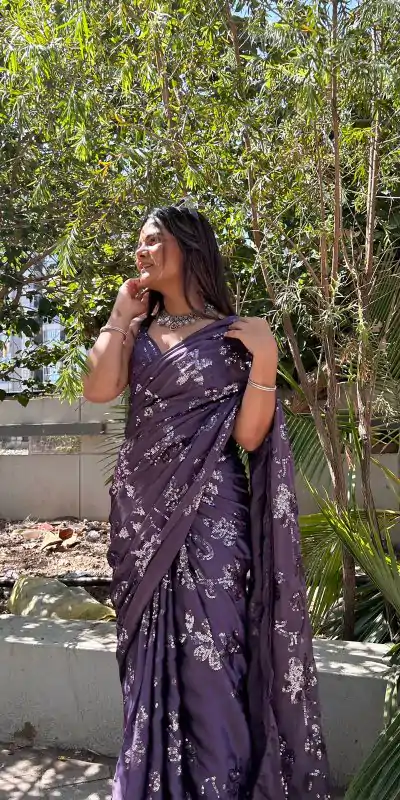 BT 3030 Purple Saree : Georgette Work : Embroidery With Sequence Work, Blouse : Banglory Silk Party Wear, Wedding Wear, Events Etc.@1649/- | Bollywood Sarees, Creative Sarees, Designer Sarees, Ethnic Saree, Modern Digital sarees, Party Wear Sarees, Sarees