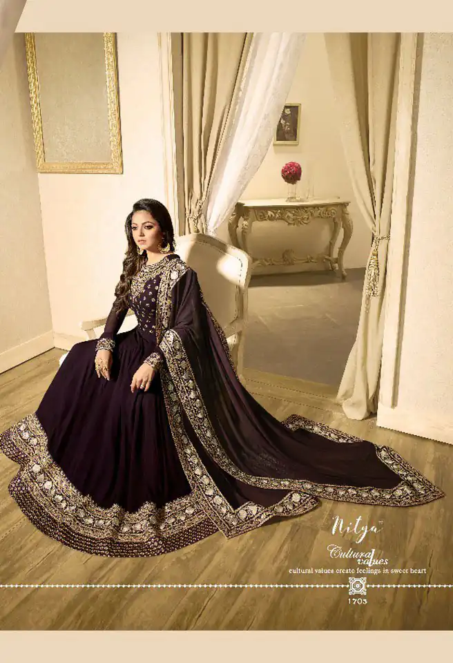 LT 1703 Brown Color: Brown Fabrics: Banglory Silk + Faux Georgette & Codding Embroidery work Dupatta:- Heavy Net + Codding and Sequine Embroidary Work | Anarkali Suits, Bollywood Anarkali, Creative-Anarkali, Designer Anarkali, Embroidered Anarkali, Party Wear Anarkali