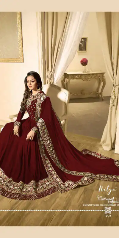 LT 1703 Red Color: Red Fabrics: Banglory Silk + Faux Georgette & Codding Embroidery work Dupatta:- Heavy Net + Codding and Sequine Embroidary Work | Anarkali Suits, Bollywood Anarkali, Creative-Anarkali, Designer Anarkali, Embroidered Anarkali, Party Wear Anarkali