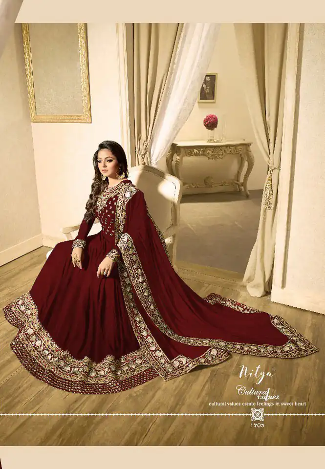 LT 1703 Red Color: Red Fabrics: Banglory Silk + Faux Georgette & Codding Embroidery work Dupatta:- Heavy Net + Codding and Sequine Embroidary Work | Anarkali Suits, Bollywood Anarkali, Creative-Anarkali, Designer Anarkali, Embroidered Anarkali, Party Wear Anarkali