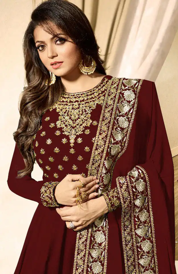 LT 1703 Red Color: Red Fabrics: Banglory Silk + Faux Georgette & Codding Embroidery work Dupatta:- Heavy Net + Codding and Sequine Embroidary Work | Anarkali Suits, Bollywood Anarkali, Creative-Anarkali, Designer Anarkali, Embroidered Anarkali, Party Wear Anarkali