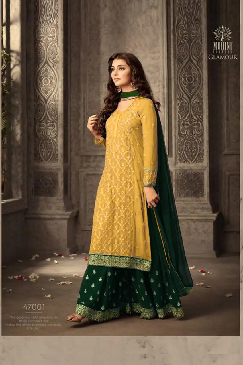 MOHINI 47001 YELLOW-GREEN Color: Yellow-Green Fabrics:  Top :- Faux Georgette Embroidery And Stone Work Dupatta:- Nazmin Embroidery Work Lace | Casual Suits, Creative suits, Designer Suits, Palazzo Suits, Party Wear Suits, Salwar suit, Straight Suits