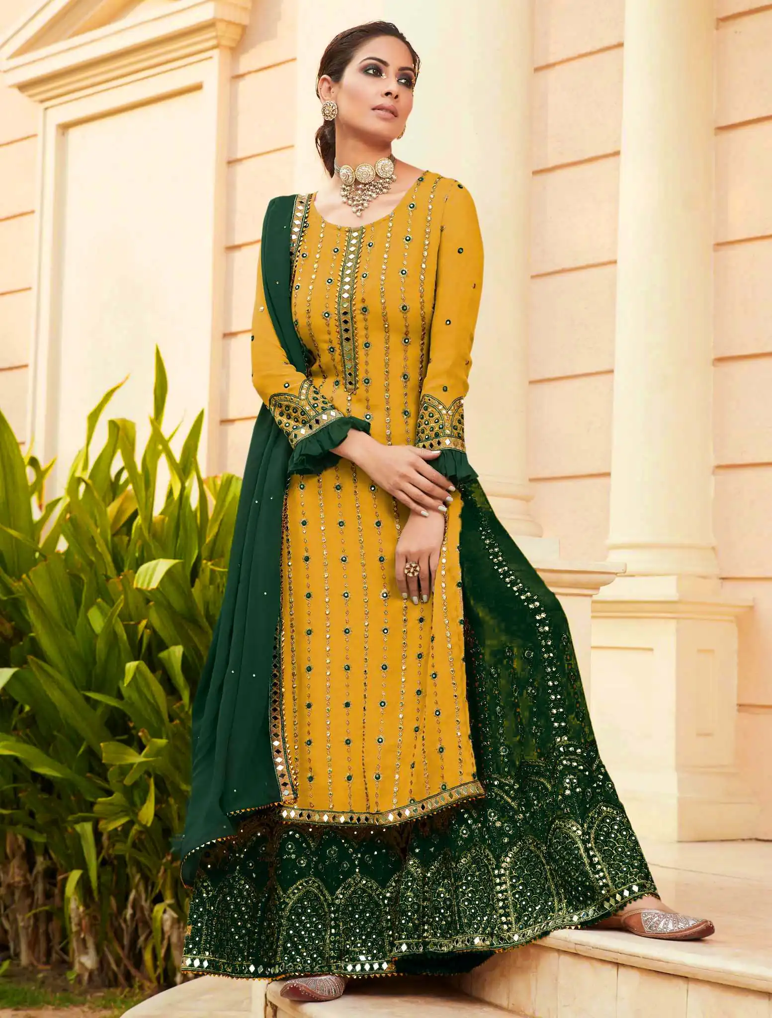 FC 9704 Yellow Green Top : Georgette Work : Embroidery Work, Mirror Work Wedding, Festive, Events Black Georgette Embroidered Sharara @2099 | Casual Suits, Creative suits, Designer Suits, Palazzo Suits, Party Wear Suits, Salwar suit, Straight Suits