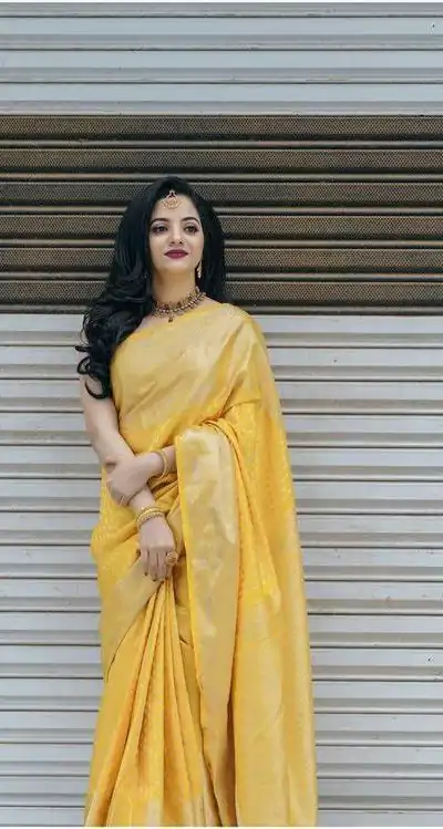 KP 3095 Yellow Color Lichi Silk Jacquard Work Beautiful Saree Casual, Party Wear, Wedding, Events Etc. Expected Delivery 4-6 Working Days @1399/- | Bollywood Sarees, Creative Sarees, Designer Sarees, Embroidered Sarees, Ethnic Saree, Modern Digital sarees, Party Wear Sarees, Sarees