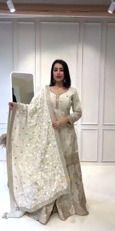 NSR 804 White Color Heavy Chinnon Silk Embroidery Sequence Work Sharara Suit Casual, Party Festive, Events Etc. Expected Delivery 4-6 Working Days @2299/- | Jump Suits, Casual Suits, Creative suits, Designer Suits, Palazzo Suits, Party Wear Suits, Patiala Suits, Salwar suit, Straight Suits