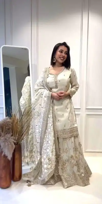 NSR 804 White Color Heavy Chinnon Silk Embroidery Sequence Work Sharara Suit Casual, Party Festive, Events Etc. Expected Delivery 4-6 Working Days @2299/- | Jump Suits, Casual Suits, Creative suits, Designer Suits, Palazzo Suits, Party Wear Suits, Patiala Suits, Salwar suit, Straight Suits