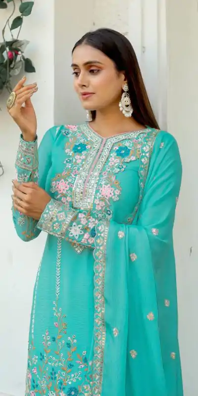 AD140 Cyan Color Chinon Silk Diamond Hand Work Sharara Suit Casual, Wedding, Party, Festive, Events Etc. Expected Delivery 4-6 Working Days @2599/- | Jump Suits, Casual Suits, Creative suits, Designer Suits, Palazzo Suits, Party Wear Suits, Patiala Suits, Salwar suit, Straight Suits