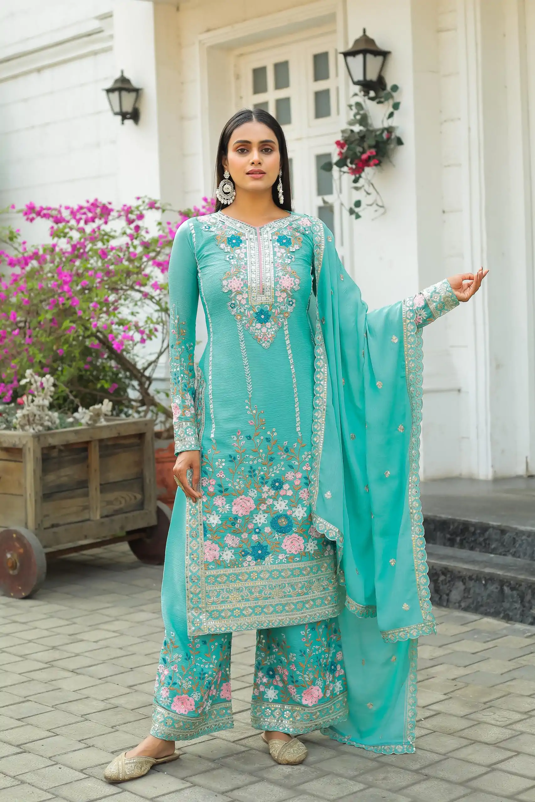AD140 Cyan Color Chinon Silk Diamond Hand Work Sharara Suit Casual, Wedding, Party, Festive, Events Etc. Expected Delivery 4-6 Working Days @2599/- | Jump Suits, Casual Suits, Creative suits, Designer Suits, Palazzo Suits, Party Wear Suits, Patiala Suits, Salwar suit, Straight Suits