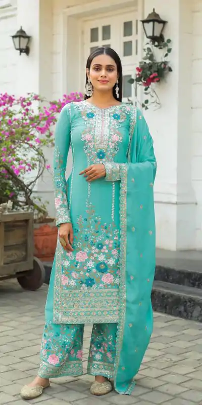 AD140 Cyan Color Chinon Silk Diamond Hand Work Sharara Suit Casual, Wedding, Party, Festive, Events Etc. Expected Delivery 4-6 Working Days @2599/- | Jump Suits, Casual Suits, Creative suits, Designer Suits, Palazzo Suits, Party Wear Suits, Patiala Suits, Salwar suit, Straight Suits