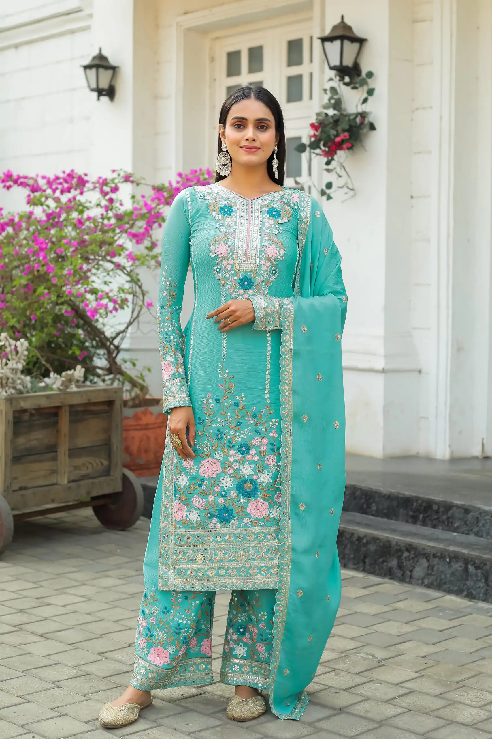 AD140 Cyan Color Chinon Silk Diamond Hand Work Sharara Suit Casual, Wedding, Party, Festive, Events Etc. Expected Delivery 4-6 Working Days @2599/- | Jump Suits, Casual Suits, Creative suits, Designer Suits, Palazzo Suits, Party Wear Suits, Patiala Suits, Salwar suit, Straight Suits