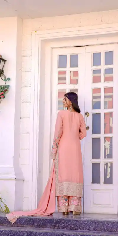 AD140 Salmon Color Chinon Silk Diamond Hand Work Sharara Suit Casual, Wedding, Party, Festive, Events Etc. Expected Delivery 4-6 Working Days @2599/- | Jump Suits, Casual Suits, Creative suits, Designer Suits, Palazzo Suits, Party Wear Suits, Patiala Suits, Salwar suit, Straight Suits