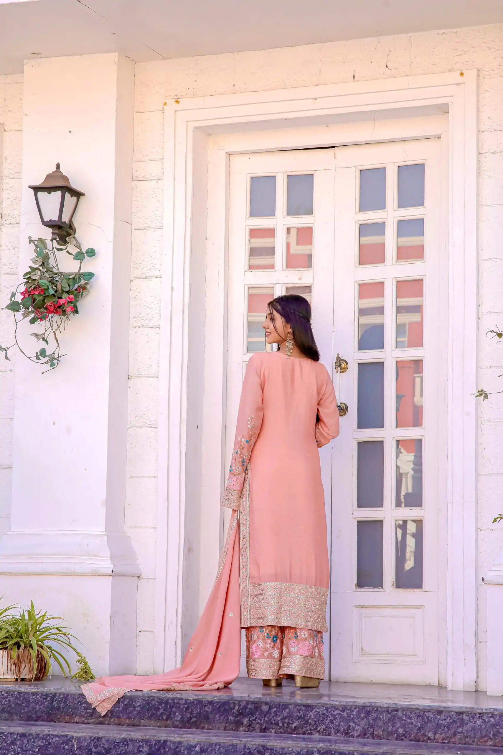 AD140 Salmon Color Chinon Silk Diamond Hand Work Sharara Suit Casual, Wedding, Party, Festive, Events Etc. Expected Delivery 4-6 Working Days @2599/- | Jump Suits, Casual Suits, Creative suits, Designer Suits, Palazzo Suits, Party Wear Suits, Patiala Suits, Salwar suit, Straight Suits