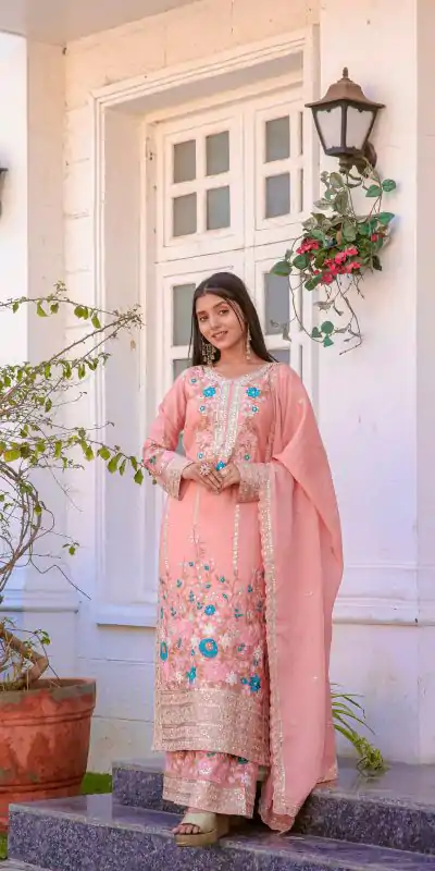 AD140 Salmon Color Chinon Silk Diamond Hand Work Sharara Suit Casual, Wedding, Party, Festive, Events Etc. Expected Delivery 4-6 Working Days @2599/- | Jump Suits, Casual Suits, Creative suits, Designer Suits, Palazzo Suits, Party Wear Suits, Patiala Suits, Salwar suit, Straight Suits