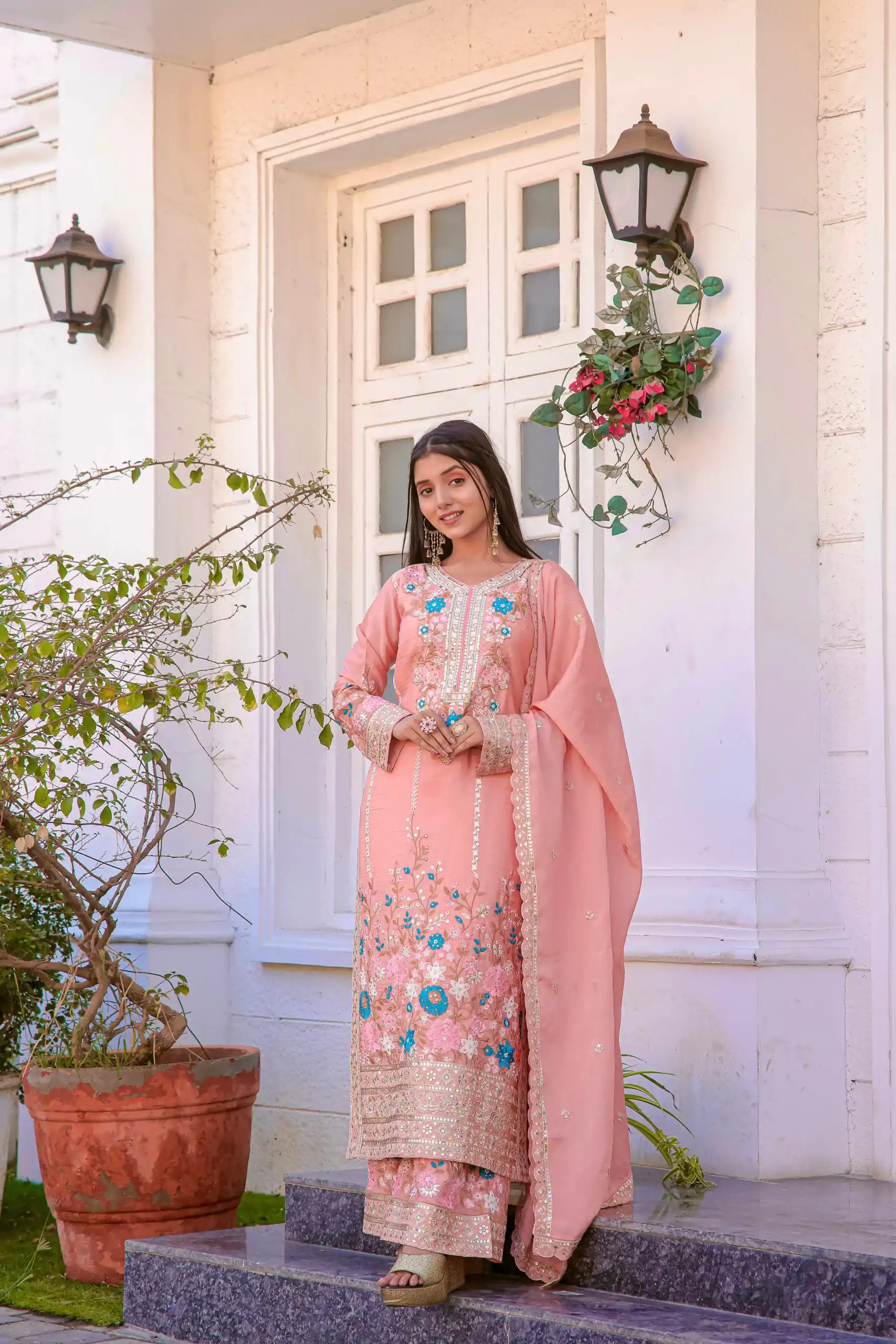 AD140 Salmon Color Chinon Silk Diamond Hand Work Sharara Suit Casual, Wedding, Party, Festive, Events Etc. Expected Delivery 4-6 Working Days @2599/- | Jump Suits, Casual Suits, Creative suits, Designer Suits, Palazzo Suits, Party Wear Suits, Patiala Suits, Salwar suit, Straight Suits