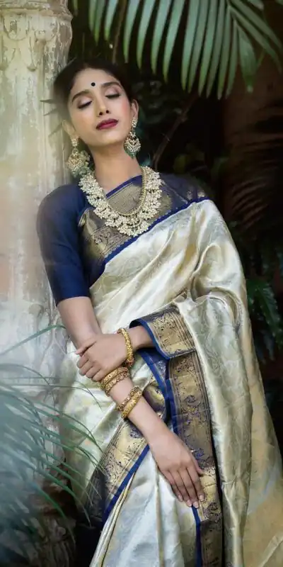 KP 3045 White & Blue Color Soft Lichi Silk Jacquard Work Saree Casual, Party Wear, Wedding, Events Etc. Expected Delivery 4-6 Working Days @1449/- | Bollywood Sarees, Creative Sarees, Designer Sarees, Embroidered Sarees, Ethnic Saree, Modern Digital sarees, Party Wear Sarees, Sarees